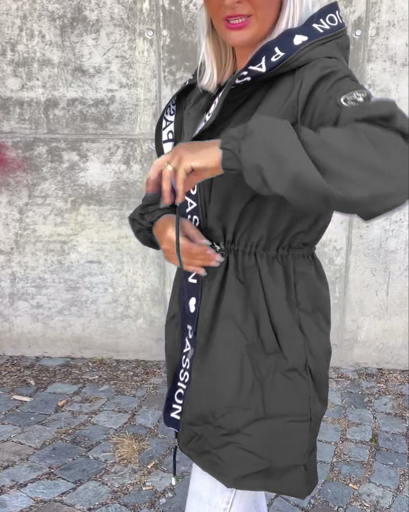 Casual letter print drawstring hooded coat