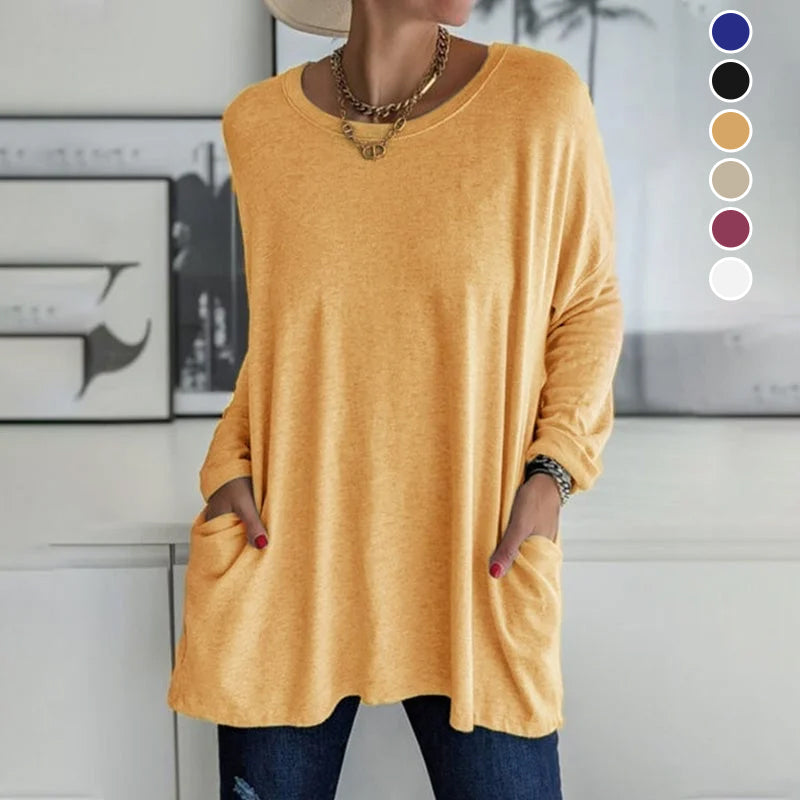 Round Neck Long Sleeve Pocket Solid T-Shirt