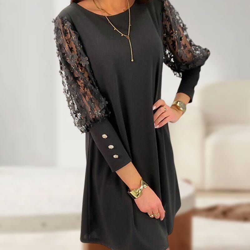 Plain Dress with Round Neck and Puff Sleeves